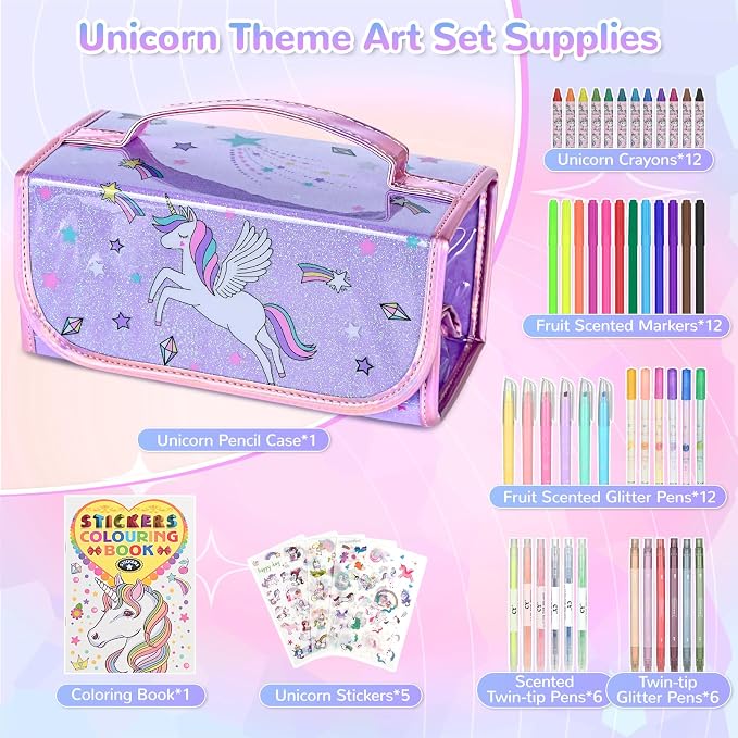 nasominako Washable Scented Markers Set for Kids - Unicorn Coloring Art Supplies Set for Kids Ages 4-8 Birthday Gifts for 4-8 Year Old girls Unicorn Pencil Case 54 PCS