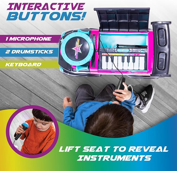 Toddler Ride On Toy - Push Car, Interactive Musical Toys for Toddlers 1-3 with Microphone, Keyboard & Drumsticks, Toddler Activities, Foot to Floor, Durable Baby Car, Easy Assembly, Baby Toy