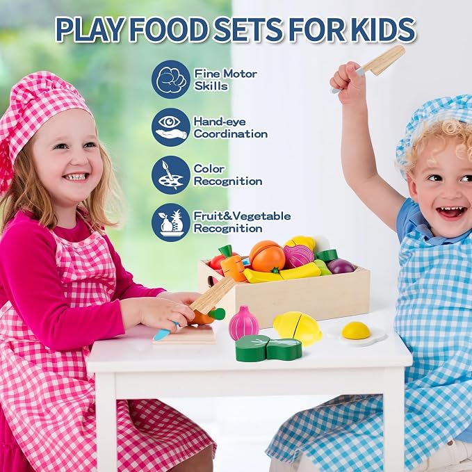 32 Pcs Wooden Play Food Sets for Kids Kitchen Accessories, Montessori Educational Toys Food, Pretend Play Food for Toddlers, Velcro Fruits and Vegetables Cutting Set for Kids Boys Girls