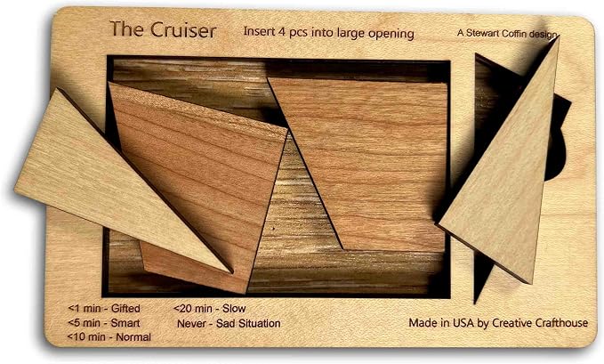 Creative Crafthouse Cruiser Stewart Coffin 4 Piece Wood Packing Puzzle | Design number 167, built in our Florida workshop. A deceptively tough fit that makes a fine desk gift for serious solvers