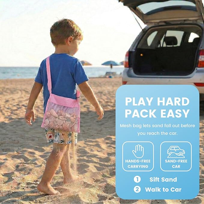 FUTUREPLUSX 6PCS Mesh Beach Bags for Kids, Colorful Small Seashell Collecting Bags Adjustable Strap for Holding Shell Sand Toy
