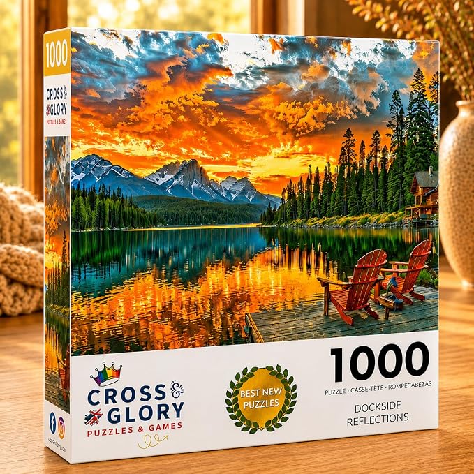 Cross & Glory - Dockside Reflections - 1000 Piece Jigsaw Puzzle for Adults | Tranquil Sunset Lake Scene | Challenging Puzzle for Adults | Eco-Friendly Materials for Nature Lovers
