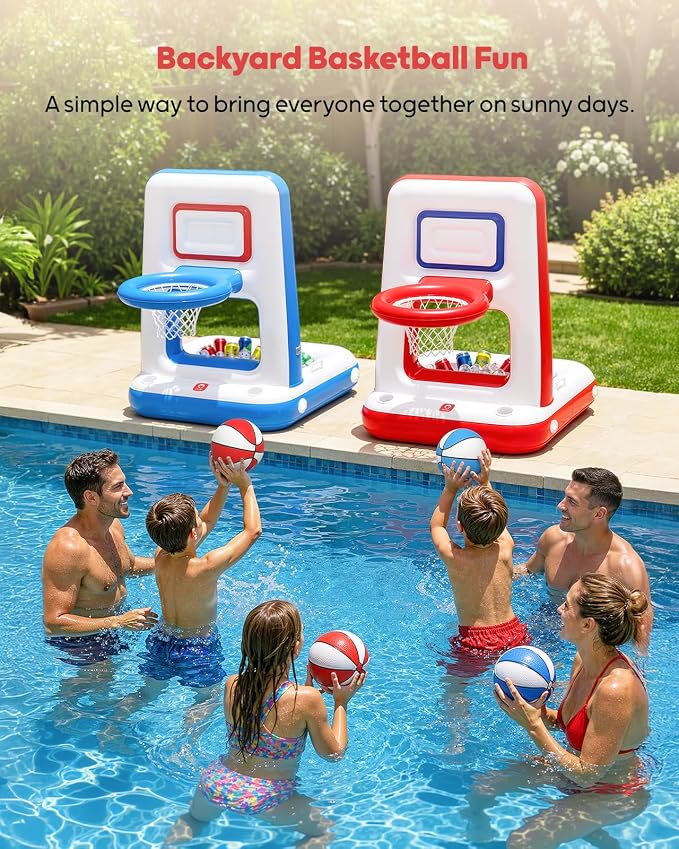 QPAU Pool Basketball Hoop with Built-in Cooler, 42" Poolside & Floating Inflatable Basketball Hoop for Family Pool Party — Swimming Pool Games for Kids & Adults, Includes 2 Balls & Pumps