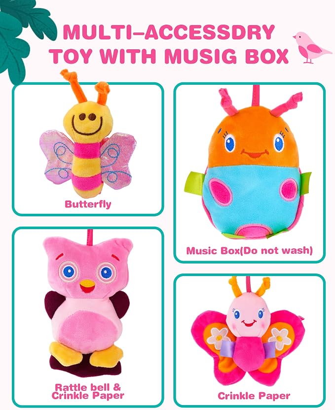 Jollybaby Crib Stroller Car Seat Toys for Baby 0-3-6-9-12 Months, Tummy Time Hanging Sensory Toys for Newborn with Music Box and Teether, Spiral Carseat Toy for Infant Boys Girls Gifts (13-Pink)