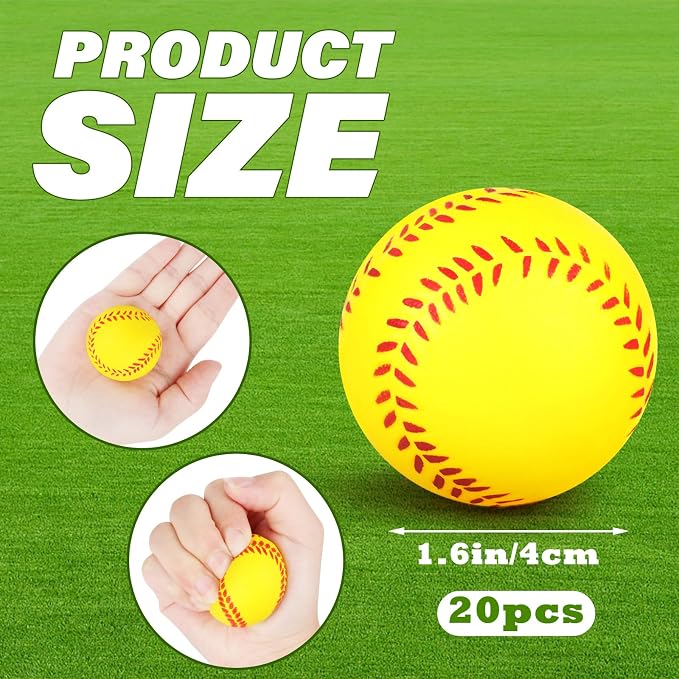 20 Pieces Mini Softball Stress Balls, Softball Foam Sports Balls Small Squeeze Anxiety Bulk Toy Ball for Kids Softball Birthday Party, School Carnival Party Supplies (Yellow)