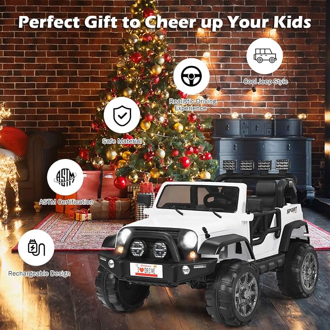 Costzon 2-Seater Ride on Truck, 12V Battery Powered Electric Vehicle Toy w/Storage, Remote Control, 3 Speed, LED Lights, MP3, Horn, Music, 2 Doors Open, Spring Suspension, Ride on Car for Kids(White)