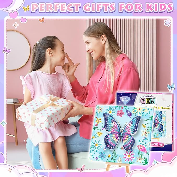 Crafts for Girls 8-12 - Make Your Own Butterfly Diamond Art Kits for Kids - Arts and Crafts for Kids - Diamond Art Paintings with Wooden Stand - 4 5 6 7 10 Year Old Girl Boy Birthday Gift Home Decor