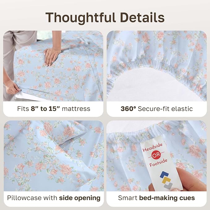 California Design Den Soft 100% Cotton Bed Sheets Twin XL Set, 400 Thread Count Good Housekeeping Award Winner, Smooth Sateen Finish, Cozy and Durable Twin XL Bedding Set - Floral Blue/Pink