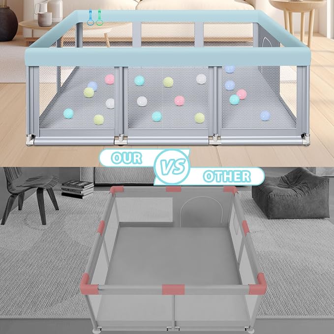 Fshibila 74" ×50" Large Baby Playpen, Baby Playard for Babies and Toddlers, PlayPen for Indoor & Outdoor, Sturdy Safety Play Yard with Soft Breathable Mesh, Anti-Fall, Ball x 18, Handle x 2, Grey