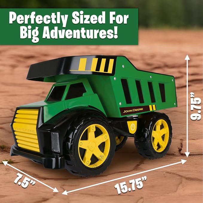 John Deere 16" Steel Dump Truck, Realistic Lights & Sounds, Heavy Duty Metal Truck Bed, Extra Large Wheels, Rugged Construction Vehicle Toy for Kids, Ages 3+, Indoor and Outdoor Play