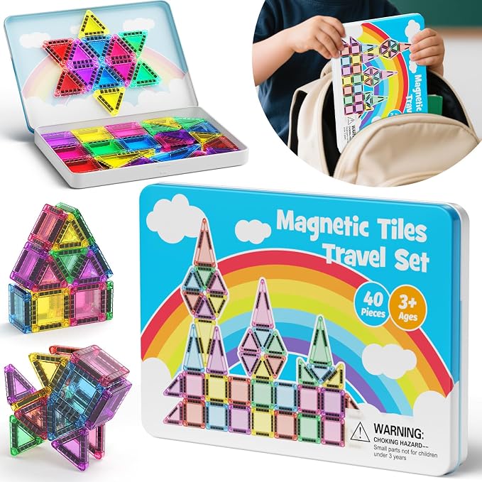 40 Pieces Magnetic Tiles for Kids Ages 4-8, Travel Magnetic Building Blocks Set with Iron Box, STEM Outdoor Kids Toys Gift for Boys & Girls 3+ Year Old, Pocket-Sized Classroom Must Haves