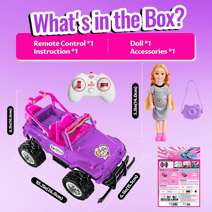 ULOVEME Purple Je ep Remote Control Car for Girls with 5.5" Doll & LED Lights, 2.4GHz Off-Road Trucks, 1:16 Scale Remote-Control Toy Car Holds 2 Dolls (Purple Car)