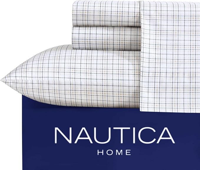 Nautica - King Sheets, Premium Cotton Percale Bedding Set, Plaid Home Decor, Oeko-Tex Certified (Malor Plaid Blue, King)