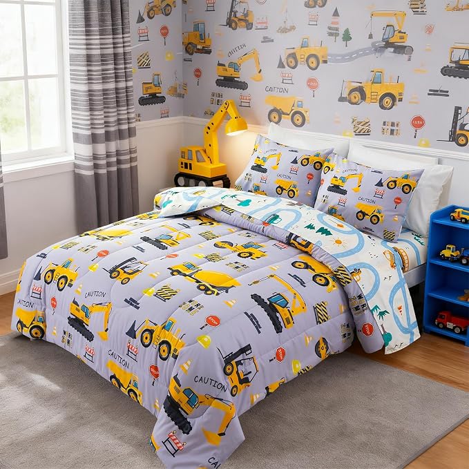 Holawakaka Construction Truck 5-Piece Twin Bed-in-A-Bag Set, Boys Comforter & Sheet Set with Excavator & Tractor Print, Kids Bedding Collection, Machine Washable, Gift for Kids