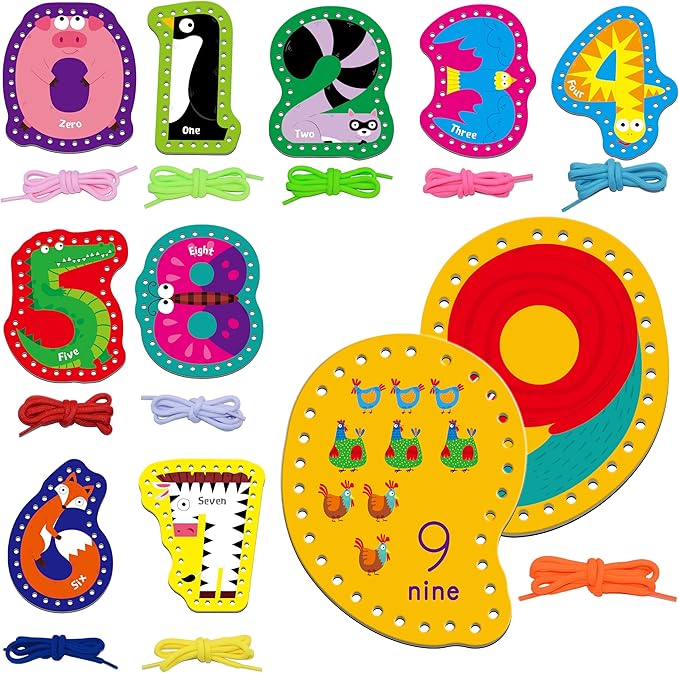 SpriteGru 10 Pieces Number Lacing Cards, 0-9 Double Sided Sewing Cards with 10 Colorful Laces, Imagination Development Lacing Toys Games for Children Educational and Learning Activity