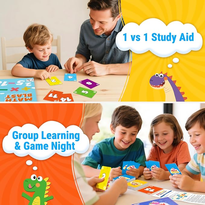 rokt&razo Math Dinos, Fast-Paced Math Card Game for Kids 5+, 8+ | 4 Operations with adjustable difficulty. Perfect for homeschool, STEM study aid & teaching tools. 132 cards, 2-6 players.