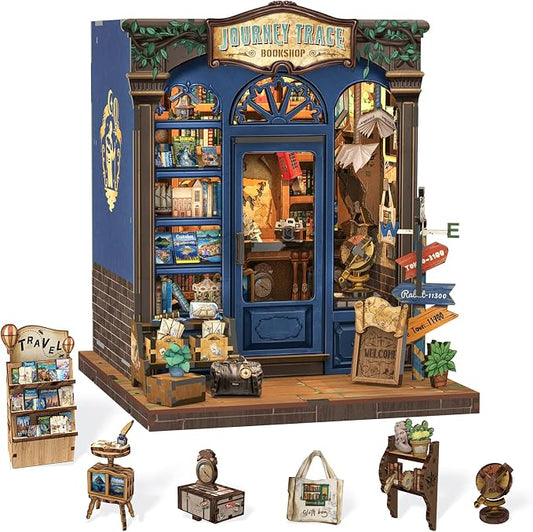 Cutefun Book Nook Kit - DIY Miniature Dollhouse Booknook Kit for Adults and Teens, 3D Wooden Puzzle Bookshelf Insert Decor with LED Light, Gifts for Book Lovers and Beginners (Journey Trace Bookshop)