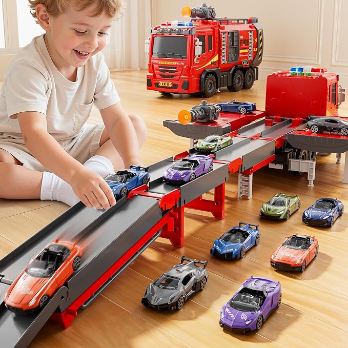 Fire Trucks Toys for Toddlers Ages 3-5, Folded Carrier Truck Race Track with with Lights & Sounds and 6 Racing Car Toys, Birthday Gift for 3 4 5 6 7 8 Years Old Boys Girls