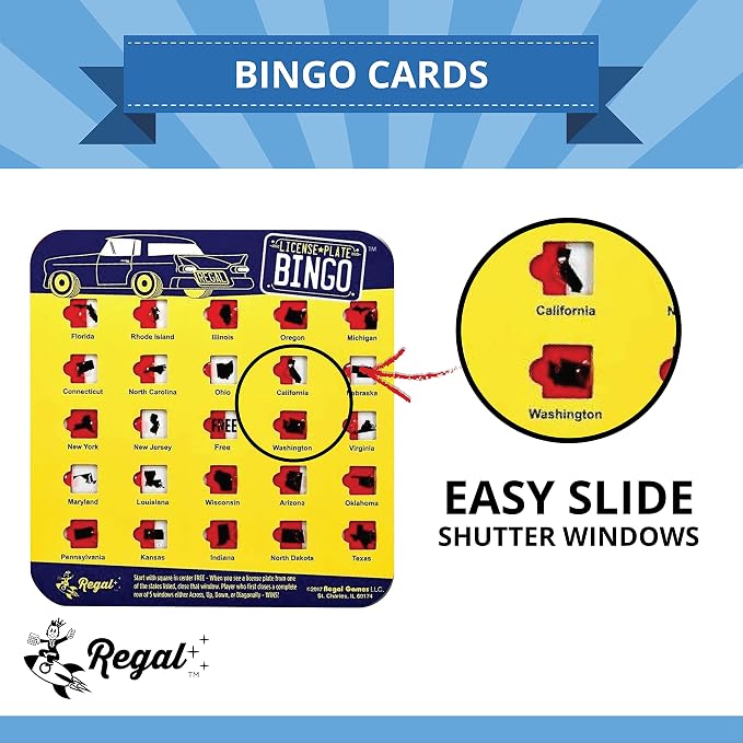 Regal Games Finger-Tip Shutter Bingo Cards with Sliding Windows - License Plate & Bingo Travel Game Set for Adults & Kids - Reusable, No Chips & Daubers Needed - 4 Packs - Yellow