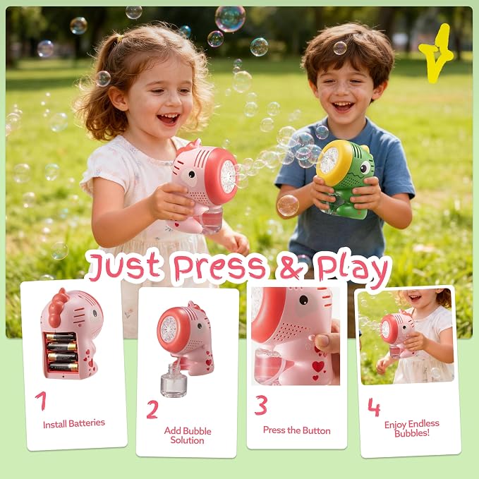SYNCFUN 2 Pcs Dinosaur Bubble Machines for Toddlers, Unicorn Mini Bubble Machines with Bubble Solution for Kids,Toddlers, Summer Outdoor Party Favors, Kids Easter Birthday Gift