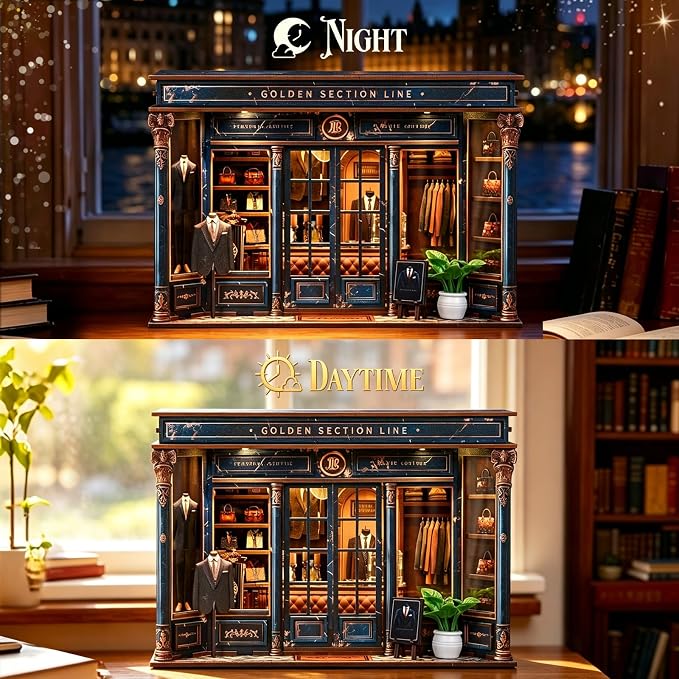 fifijoy DIY Miniature Dollhouse Kit - 3D Wooden Puzzle Book Nook Kit with LED Light, Miniature House Bookshelf Insert Decor for Adults, Creative Gift for Family and Friends (Golden Section Line)