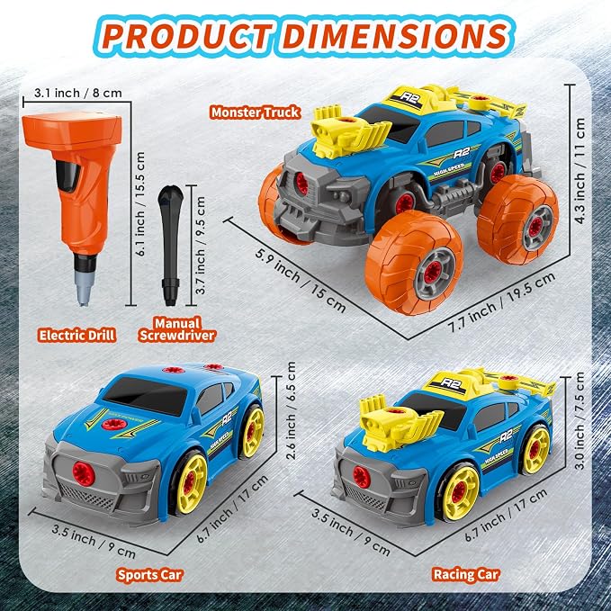 Pup Go 3-in-1 Construction Car for Boys Ages 3+ Years Old, Take Apart Car with Electric Drill, 46 Pcs Cars Building Kit, Build Your Own Toy Cars with Tools, Ideal STEM Present for Kids Children(Blue)