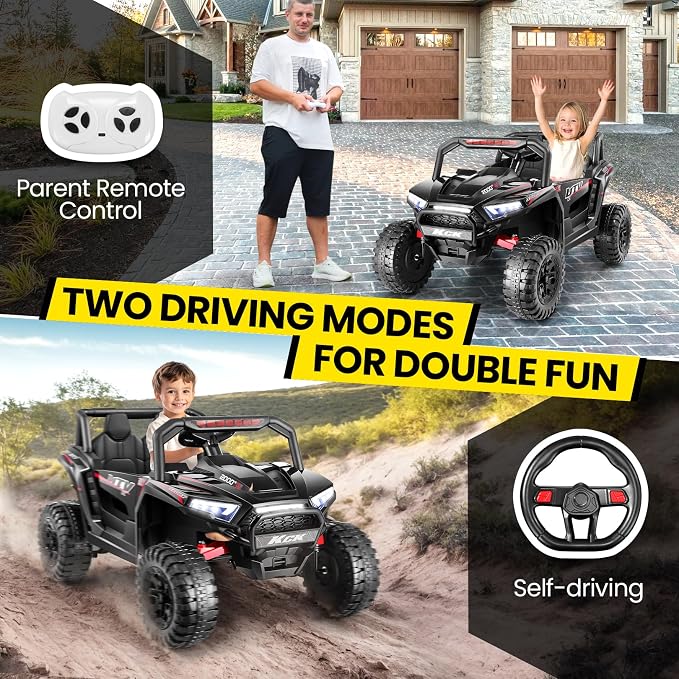 Hikole 24Volt Ride on Toys for Big Kids 2 Seater, 4WD UTV Kids, Ride On Cars for Boys&Girls with Parent Remote, Shock Absorption, Wide Seat for 2 Persons, Dashboard/Music/Horn/Bluetooth/LED, Black