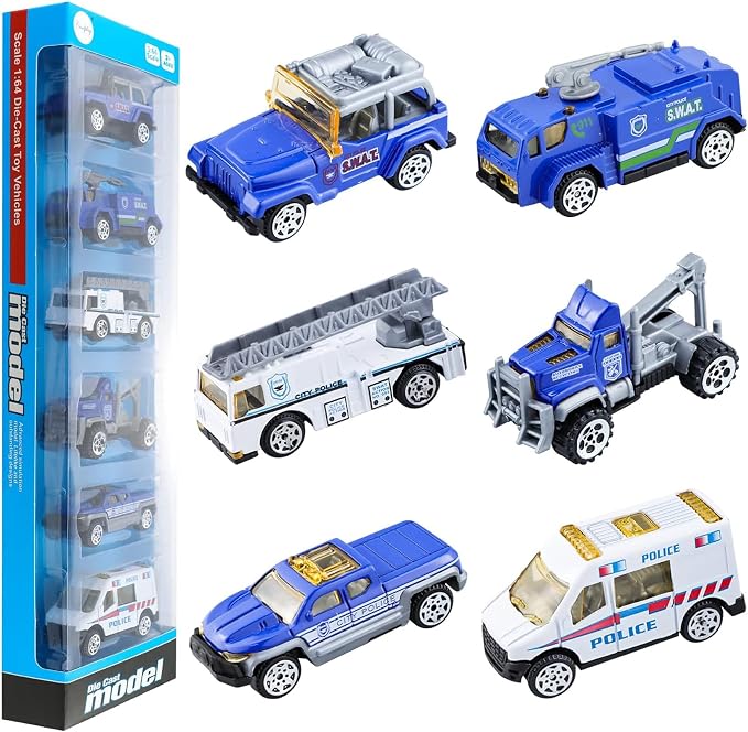 BenRich 6Pcs Mini Die Cast Car 1/64 Scale Alloy Metal Model Vehicle Set - Ladder, Water Tower, Ambulance, Police Patrol Car & Transport Truck, Patrol - Toys for Kids Boys Girls Birthday Xmas Present
