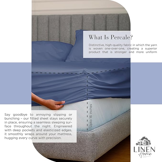 Linen Home 100% Cotton Percale Sheets Twin XL Size, Dark Blue, Deep Pocket, 3 Pieces Set- 1 Flat, 1 Fitted and 1 Pillowcase, Crisp Cool and Long Staple Strong Bed Linen