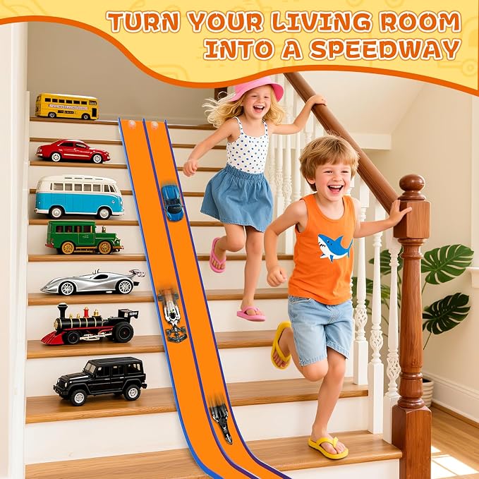 15 Ft Flexible Race Track for Kids – Portable Car Race Track Starter Set with Suction Cups, Rolls Up Easy, Compatible with 1/64 Diecast Cars, Birthday Gift for Boys & Girls Ages 3+ (Orange&Blue)