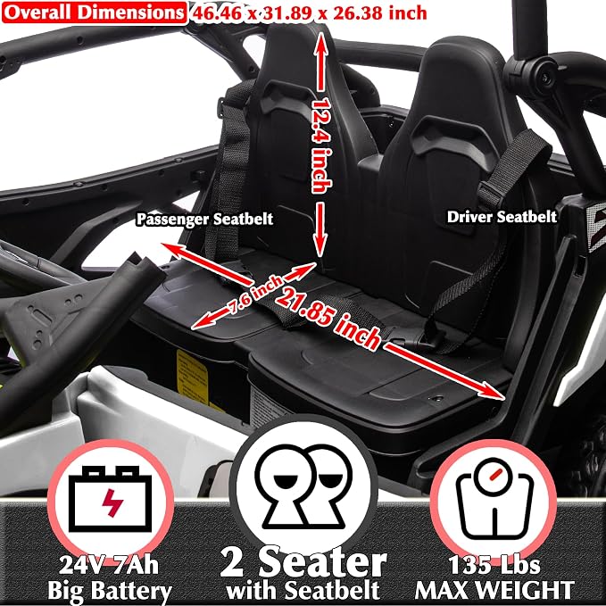 sopbost XL 24V Real 2 Seater Kids UTV Ride-On Car with Remote Control 4x4 4WD Electric Vehicle for Kids 3-8 to Drive, Bluetooth Music, 4 Spring Suspension, 21.85" Spacious Seat - White