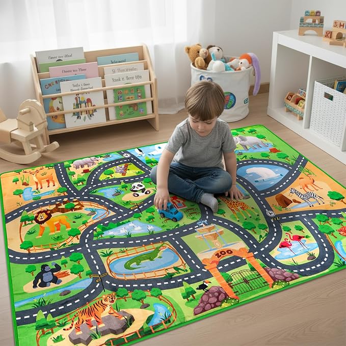 Car Rug Play Mat,3'3" x 4'11" Zoo Park Road Car Mat for Kids,Non-Slip Animal Car Track Rugs for Kids Toy Cars,Educational Kid Road Playmat Rug for Playroom Bedroom Kid Room(for Age 2+)