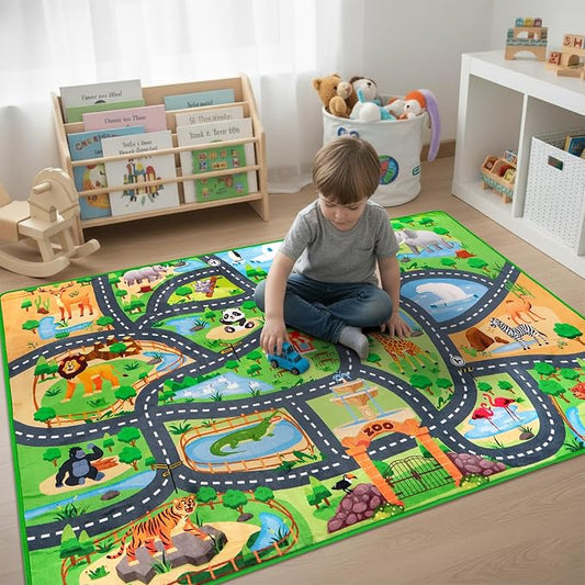 Car Rug Play Mat,3'3" x 4'11" Zoo Park Road Car Mat for Kids,Non-Slip Animal Car Track Rugs for Kids Toy Cars,Educational Kid Road Playmat Rug for Playroom Bedroom Kid Room(for Age 2+)