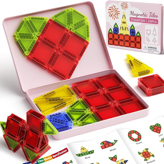 26PCS Mini Magnetic Tiles Travel Set Iron Box Storage Baseplate, Portable Magnetic Building Blocks STEM Toy for Kids 3+