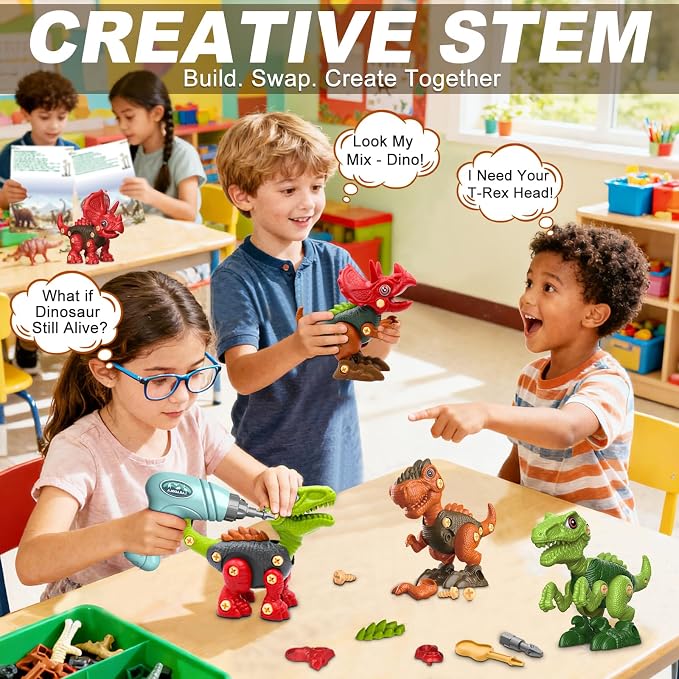 Laradola Assemble Dinosaur Toys for Kids: 3 Pack STEM Construction Building Set with Electric Toy Drill & Screwdrivers - Birthday Gift for Boys Girls Ages 3-5 5-7