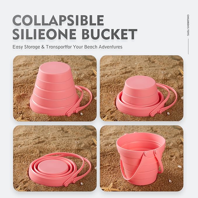 MarcZero 11Pcs Silicone Beach Toys,Collapsible Sand Bucket,Modern Baby Beach Toys,Travel Friendly Beach Set,Silicone Bucket,Shovel,Sand Molds,Beach Bag,Silicone Sand Toys for Toddlers,Kids(Peach Pink)