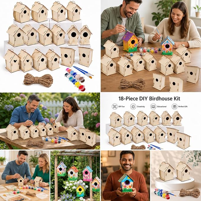 Bird House Kit, Wooden Bird Houses Craft Kits for Kids, 18 PCS DIY Painting Set with Paint Brushes Rope, Arts and Crafts for Kids Ages 6-12