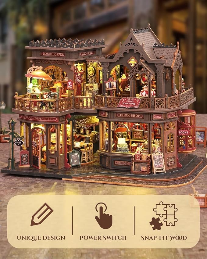 Letter Coffee DIY Miniature House Kit with LED Light - Assembled Dollhouse Kit for Shelf Decor - Wood 3D Puzzles Tiny House Book Nook - Creative Gift for Adults at Birthday Christmas