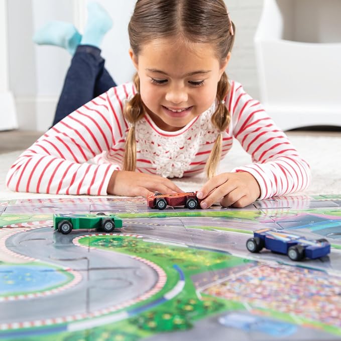 Peaceable Kingdom Jumbo Racetrack Floor Puzzle Bundle with 3 Wood Cars – Large Jigsaw Gift for Toddlers and Kids Ages 3-5 – Puzzle and Play: Race Day