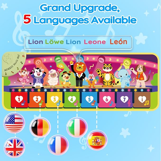 MOMUSE Music Piano Mat 5-Language (EN/DE/FR/IT/ES) for 3 4 Year Old Boys Girls, Multilingual Education Baby Toy with 9 Animals & Recording, Portable Toddler Infant Kids 3+ Christmas Birthday Gifts