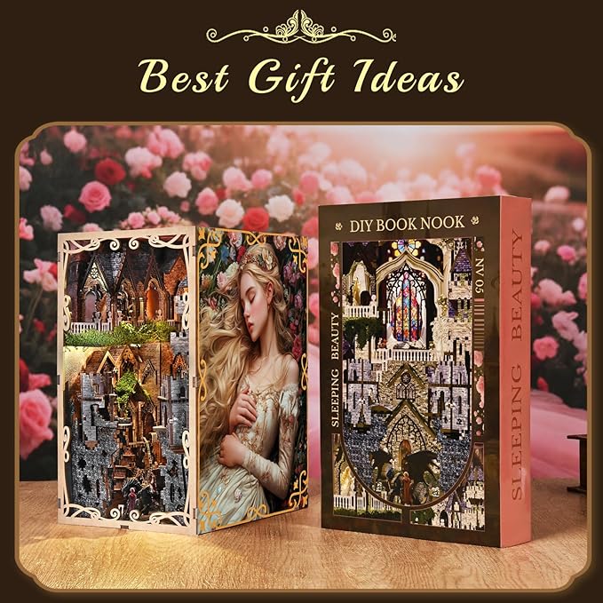 MiniCity Book Nook Kit for Adults, DIY 3D Wooden Puzzle Booknook Bookshelf Insert Decor with LED Light and Dust Cover (Sleeping Beauty)