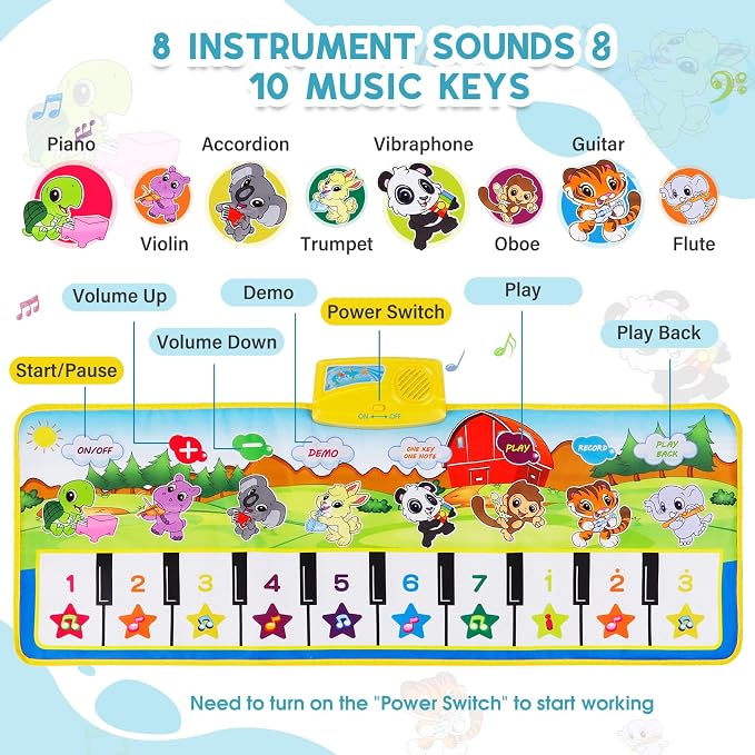 M SANMERSEN Piano Mat, 39.5" X 14" Musical Mat Floor Piano Keyboard Mat 8 Instrument Sounds Piano Mat for Toddlers Touch Play Dancing Mat Toy for 1 2 3 Year Old Boy and Girl Gifts