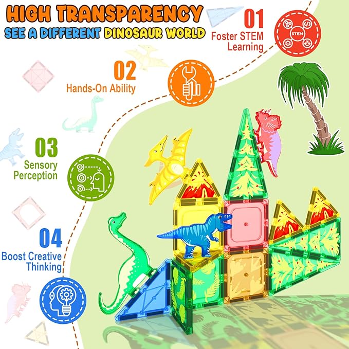 Coodoo Dinosaur Toys Magnetic Tiles - Magnet Building Blocks for Toddler Kids Toys STEM Sensory Outdoor Toy for 3+ Year Old Boys and Girls, Dinosaur World Creative Games Kids