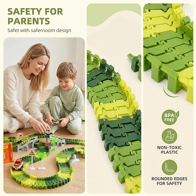 Dinosaur Race Track Toys for Boys 3-5, Flexible Bridge Car Track Set with 2 Toy Cars & Dinosaur Figures, Adventure Race Track Playset for Boys Age 4-7 Birthday Gifts