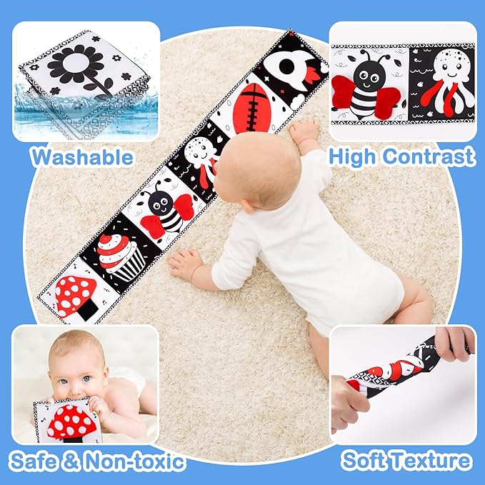 Black and White High Contrast Toys for Baby 0-3 3-6 months Infant Tummy Time Soft Book Sensory Musical Toy 0-2-4-6 month Babies Brain Development Crinkle Book Mirror Newborn Shower Gifts Boys Girls