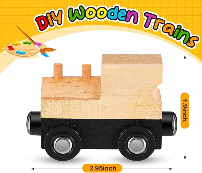 Halloscume Unfinished DIY Wooden Trains Magnetic Unpainted Wooden Train Cars Toys for Railway Paint Project, Birthday Party Decorations Back to School Crafts Gifts Supplies (Classic)