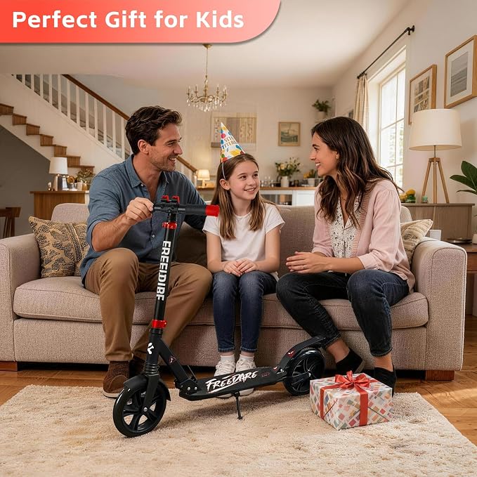 FREEDARE Kick Scooter for Kids & Adults Ages 8+, Foldable Teen Scooter with 2 Big 8-inch Wheels and 4-Level Adjustable Handlebar, Max Load 220 LBS