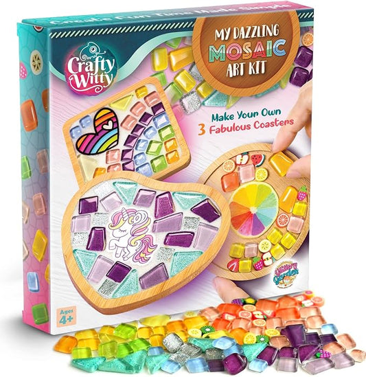 Glittery Garden Mosaic Craft Kit - Decorate Your Own Unicorn and Rainbow Design Coaster with Glass Tiles. Birthday Gift, Fun DIY Art and Craft Supplies. Girls, Kids & Teens Activity Kit