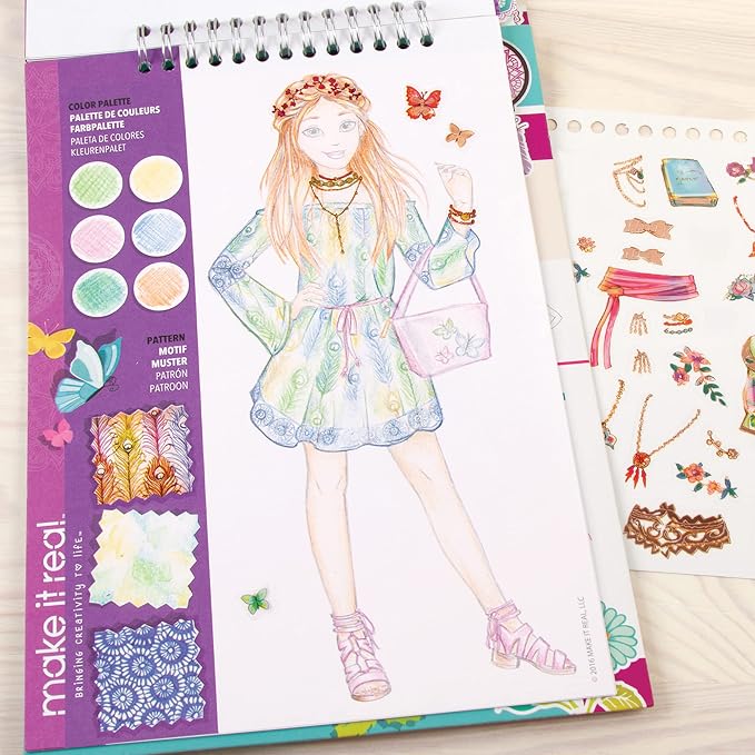Make It Real Fashion Design Sketchbook Kit for Girls - Blooming Creativity Set with Stencils, Puffy Stickers, Design Guide - Unleash Fashion Talent, Develop Skills, for Kids Ages 6