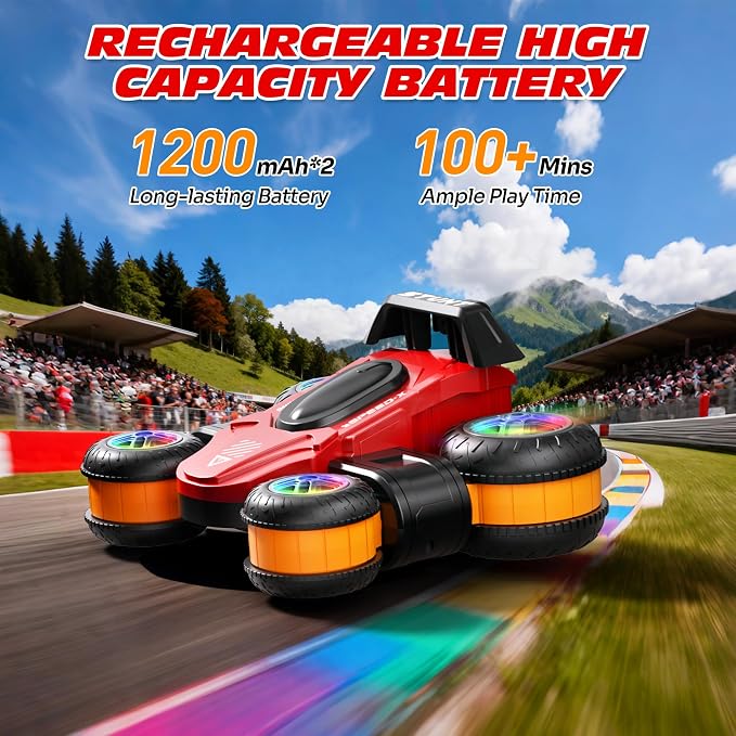 High Speed Remote Control Drift Car for Kids, 360 Degree Rotating Deformation Stunt RC Cars for Boys and Girls Ages 3-16, 4WD Drift RC Stunt Car with Light for Christmas, Birthday, Party Gifts (Red)